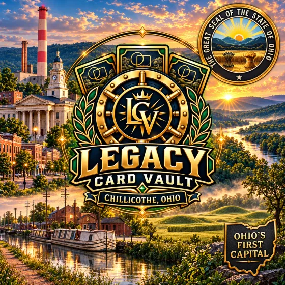 Legacy Card Vault, Chillicothe, Ohio: the courthouse, the canal and the Mound City hills at sunrise