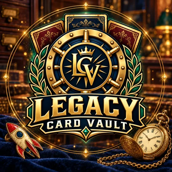 Legacy Card Vault with a vintage rocket pin and a gold pocket watch