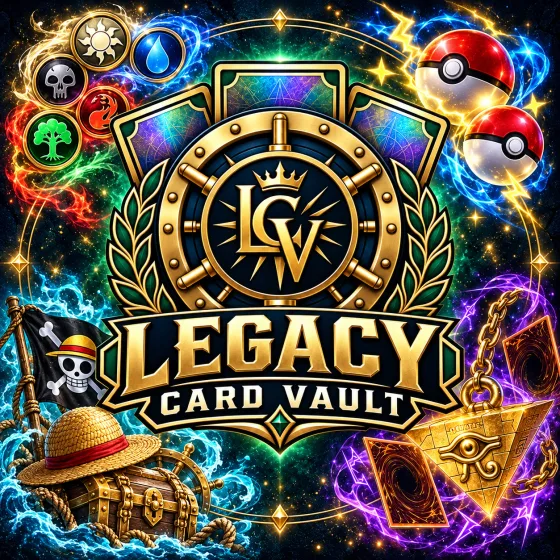 Legacy Card Vault with Magic: The Gathering mana symbols, Pok&eacute;ball, One Piece and Yu-Gi-Oh! artwork